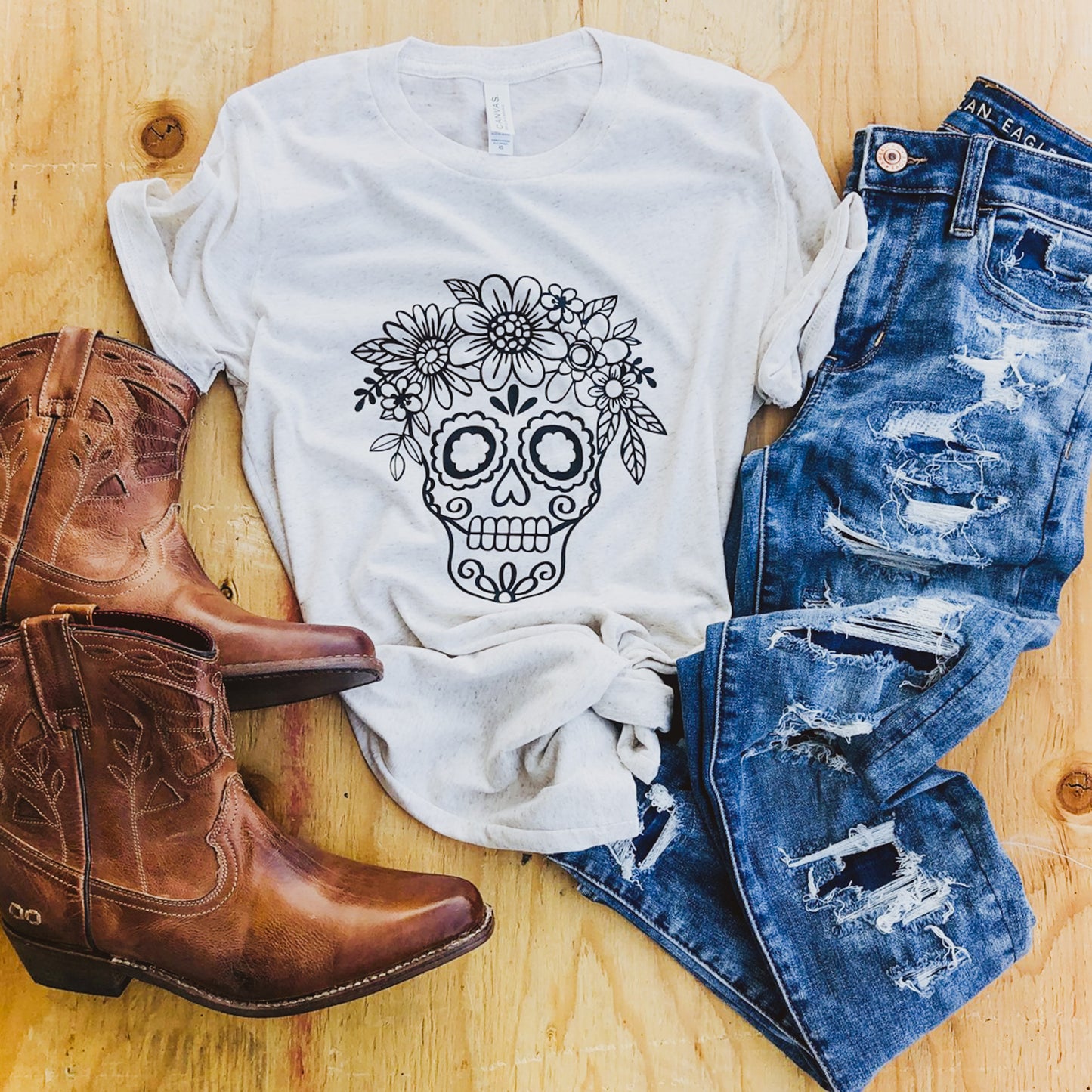 Sugar Skull With Flowers Tee