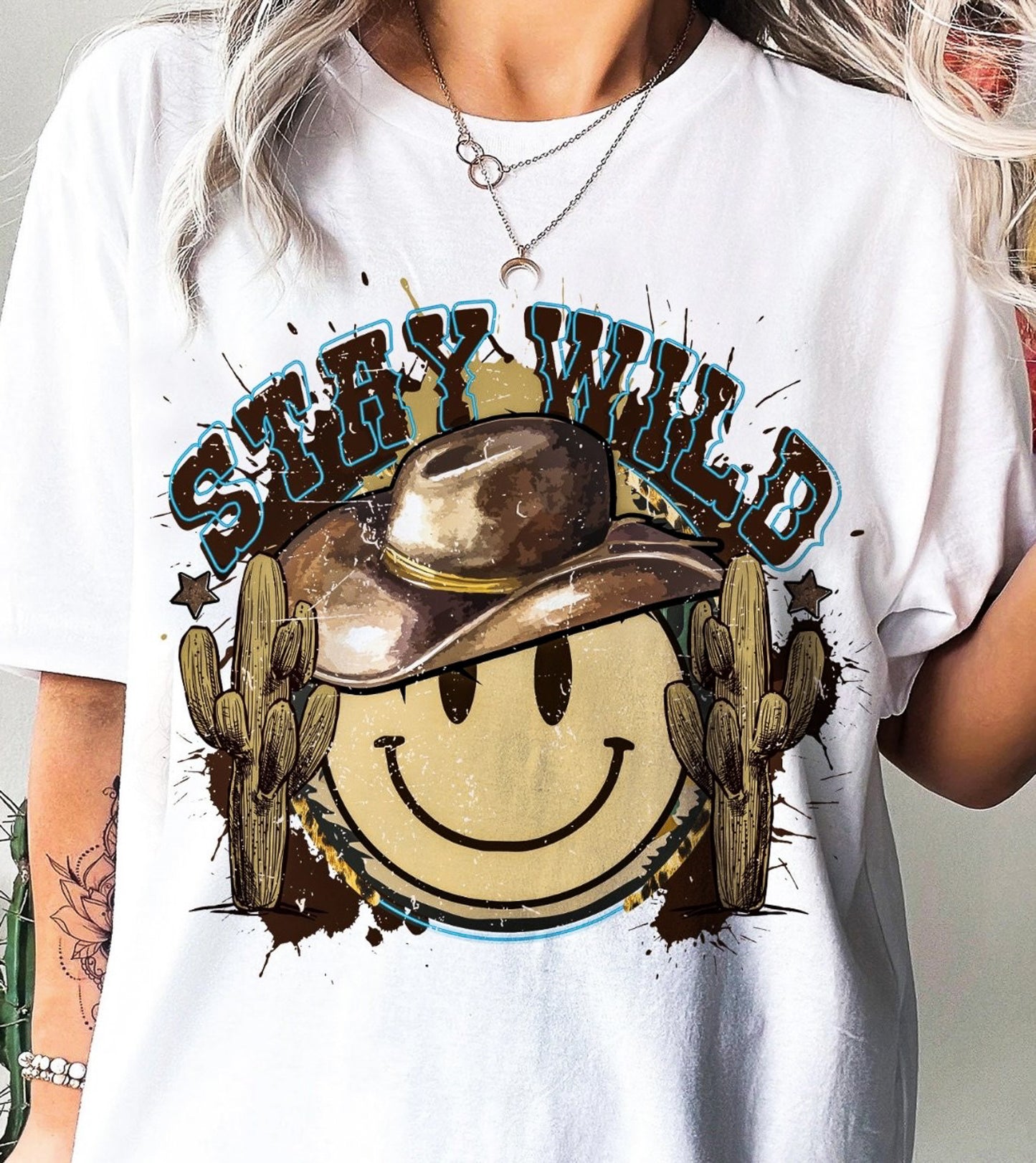Stay Wild With Smiley Face & Cactus Tee
