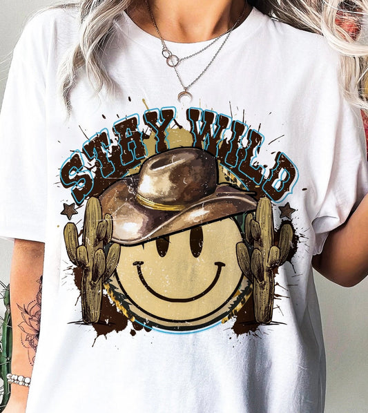 Stay Wild With Smiley Face & Cactus Tee