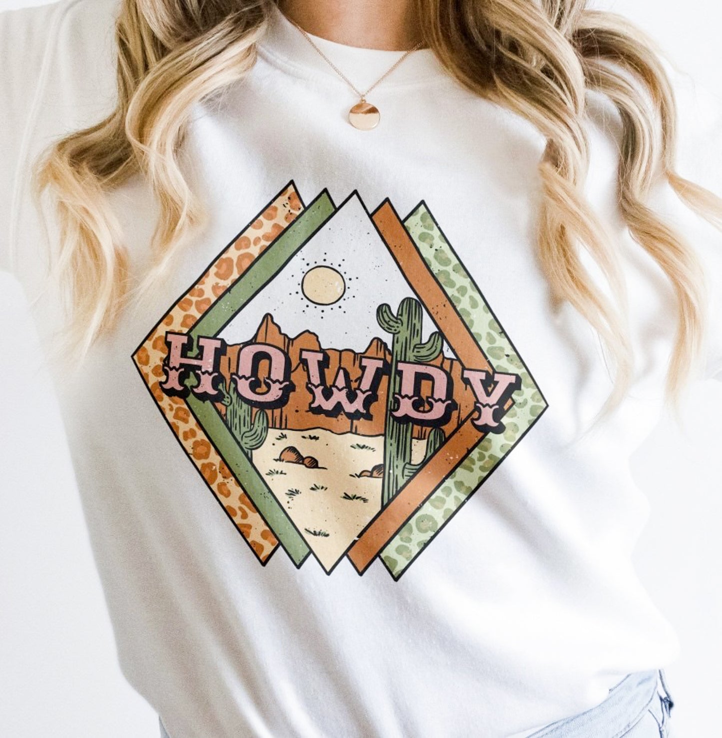 Howdy Diamonds With Leopard Print & Desert Scene Crew Sweatshirt