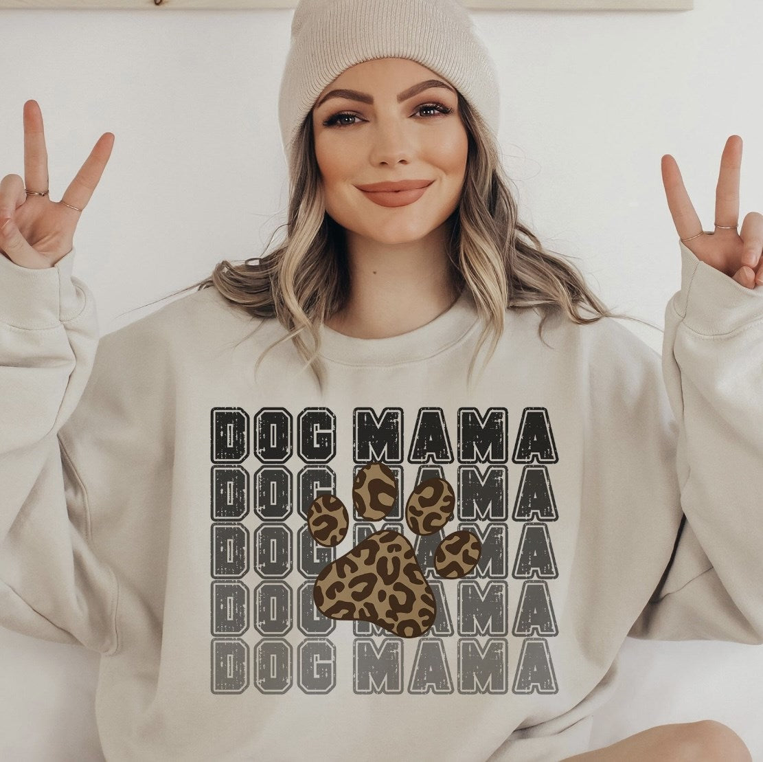 Dog Mama (Stacked) With Cheetah Paw Print Crew Sweatshirt