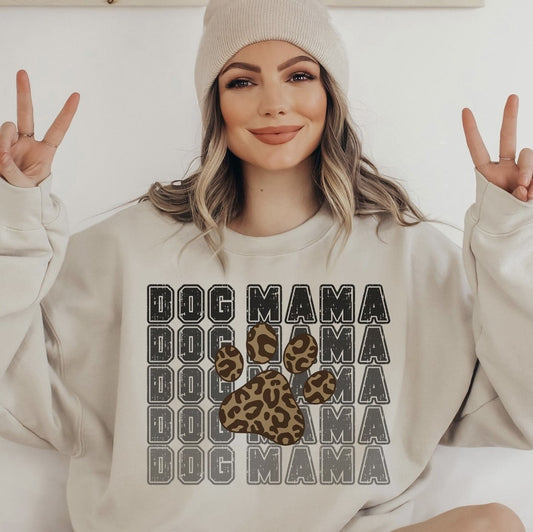 Dog Mama (Stacked) With Cheetah Paw Print T-Shirt or Crew Sweatshirt