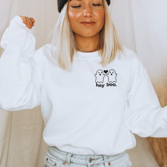 Hey Boo With 2 Ghosts Embroidered Crew Sweatshirt
