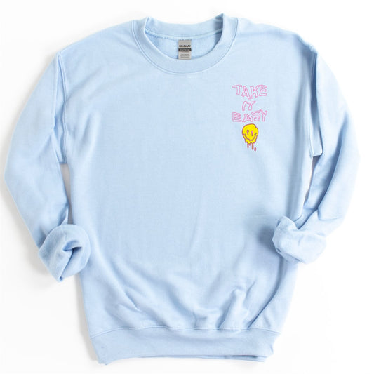 Take It Easy Melting Smiley Face Embroidered Crew Sweatshirt