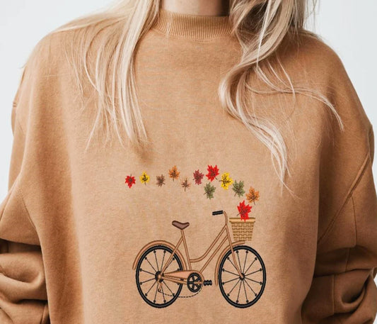 Bicycle With Leaves Bella Embroidered Crew Sweatshirt