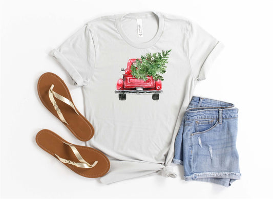 Red Truck With Christmas Tree In Back Tee