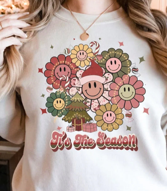 Tis The Season With Smiley Face Flowers Crew Sweatshirt