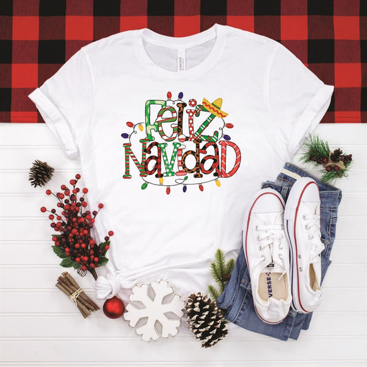 Feliz Navidad With Different Print Patterns & String Lights Tee