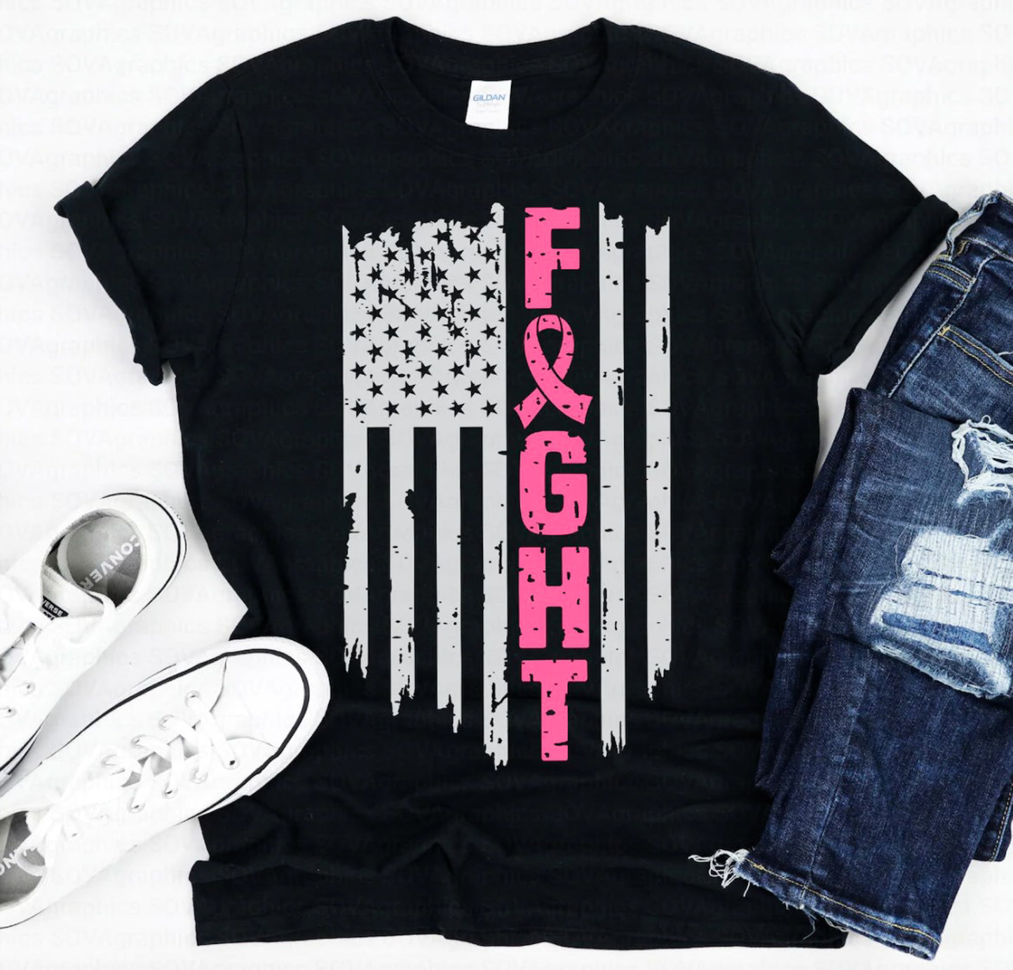 Fight American Flag Breast Cancer Tee