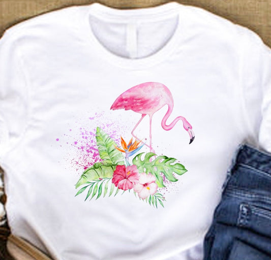 Flamingo With Flowers & Leaves Tee