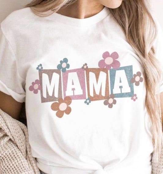 Mama Spelled Out In Blocks With Flowers T-Shirt or Crew Sweatshirt