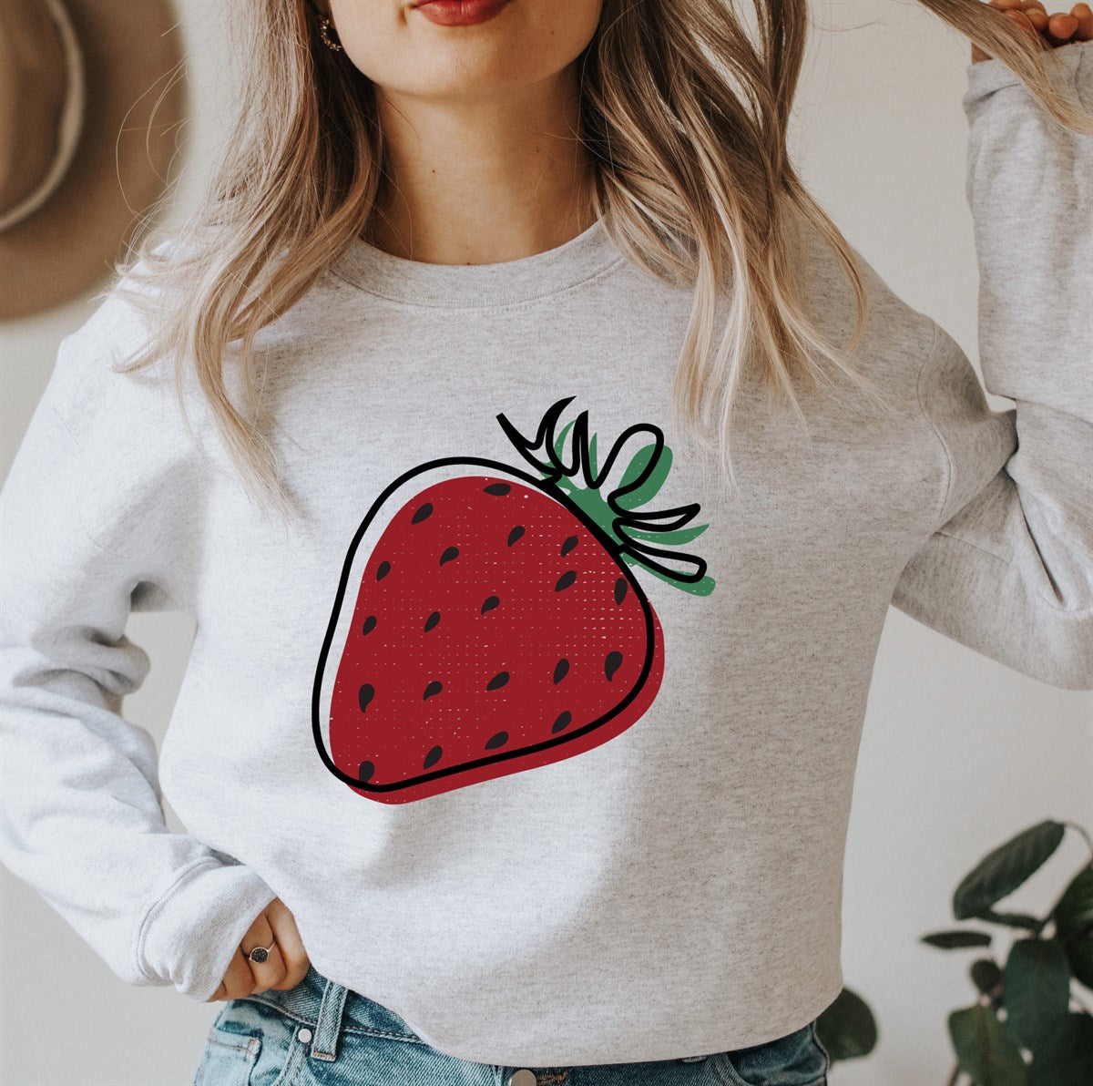 Large Strawberry Embroidered Crew Sweatshirt
