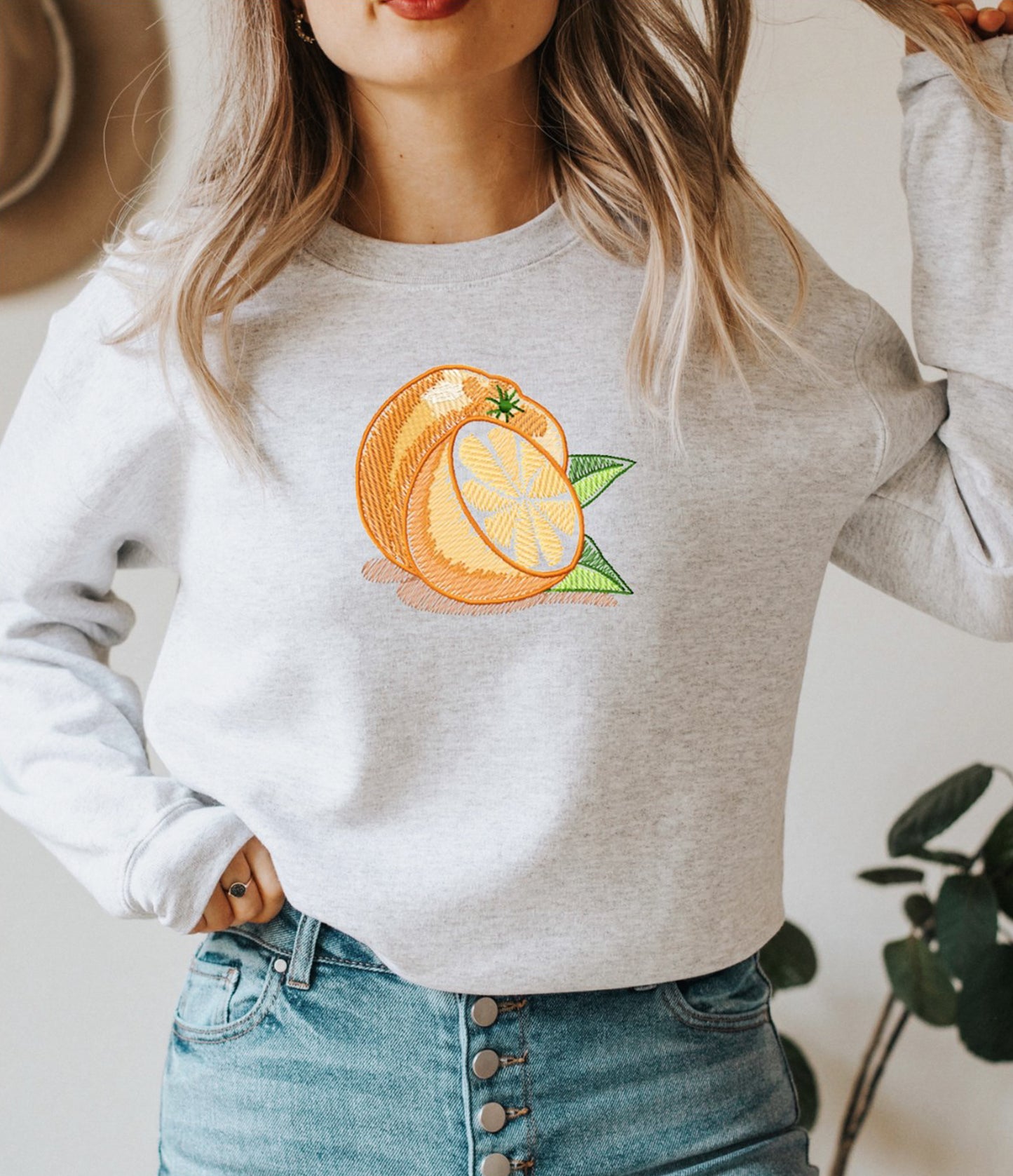 Large Orange Embroidered Crew Sweatshirt