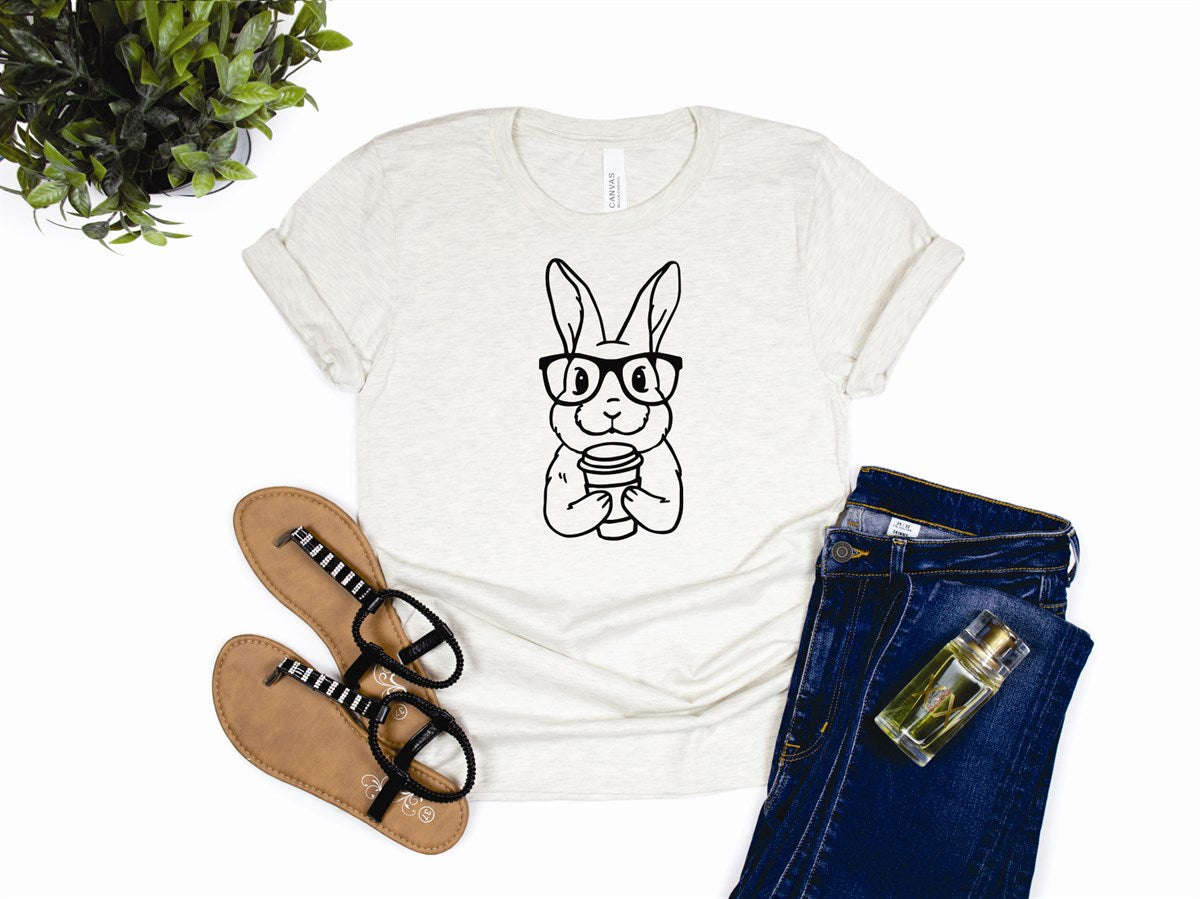 Easter Bunny with Glasses and Coffee Tee
