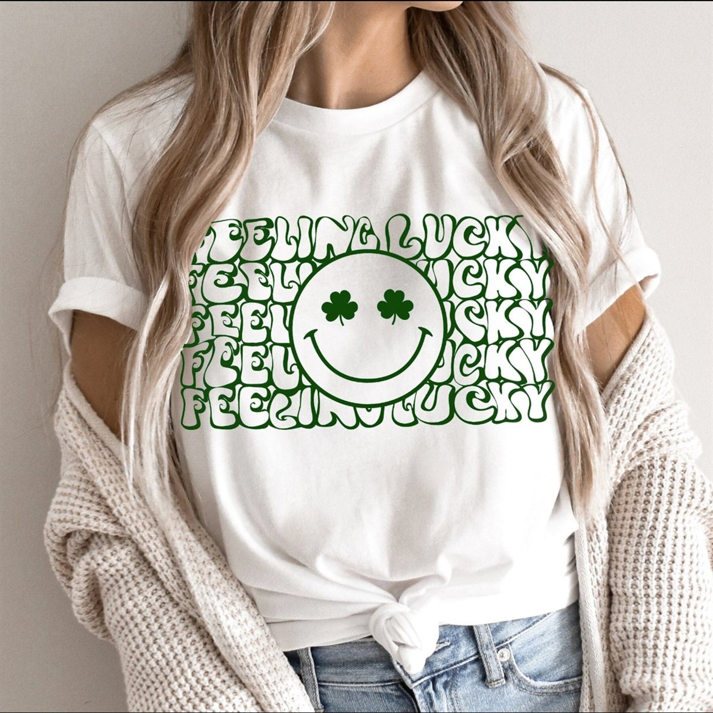 Feeling Lucky (Stacked) With Clover Eyed Smiley Face Tee