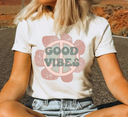 Good Vibes With Flower Peace Sign Tee