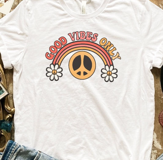 Good Vibes Only With Rainbow Flowers & Peace Sign Tee