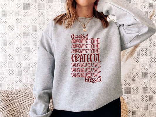 Thankful Grateful Stacked Blessed Crew Sweatshirt