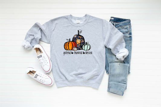 Grateful Thankful Blessed With Pumpkins Crew Sweatshirt
