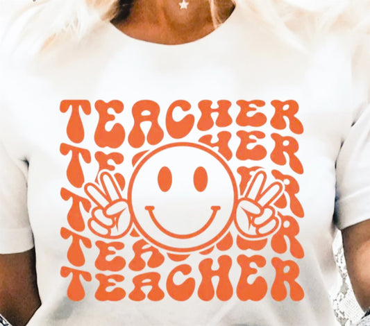 Teacher (Wavy Stacked) With Smiley Face & Peace Signs Tee