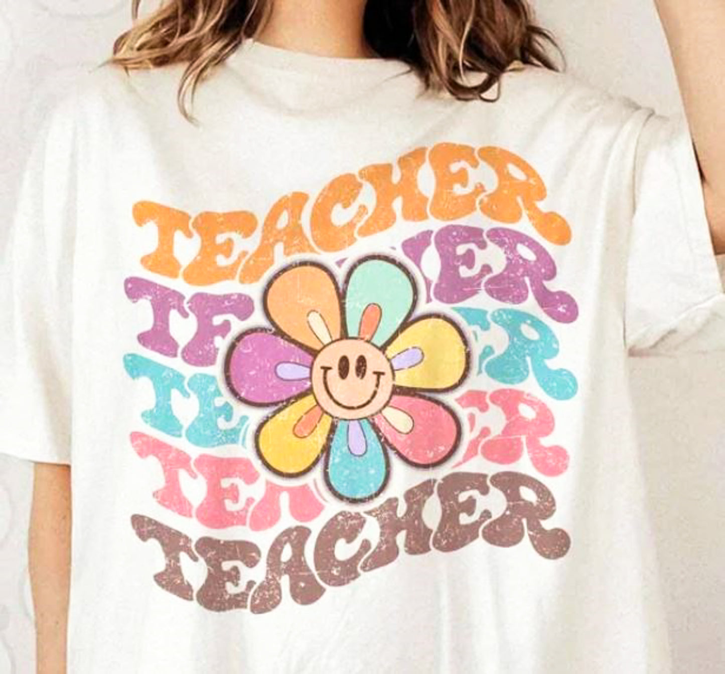 Teacher (Wavy Stacked) With Smiley Flower Tee