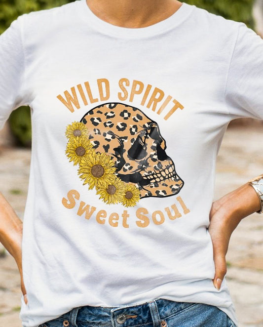 Wild Spirit Sweet Soul With Leopard Print Skull & Flowers Tee