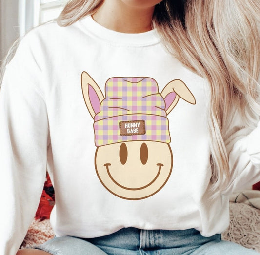 Smiley Bunny With Hunny Babe Beanie Crew Sweatshirt