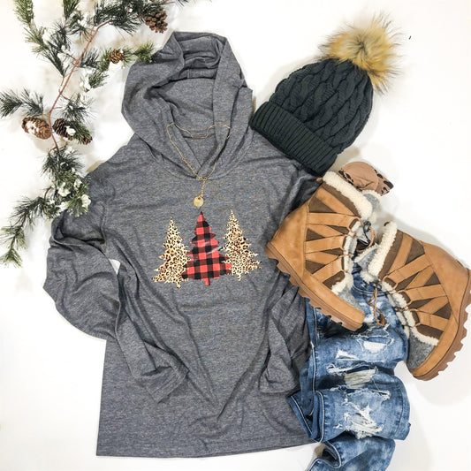 Cheetah Print & Buffalo Plaid Print Trees Lightweight Hoodie