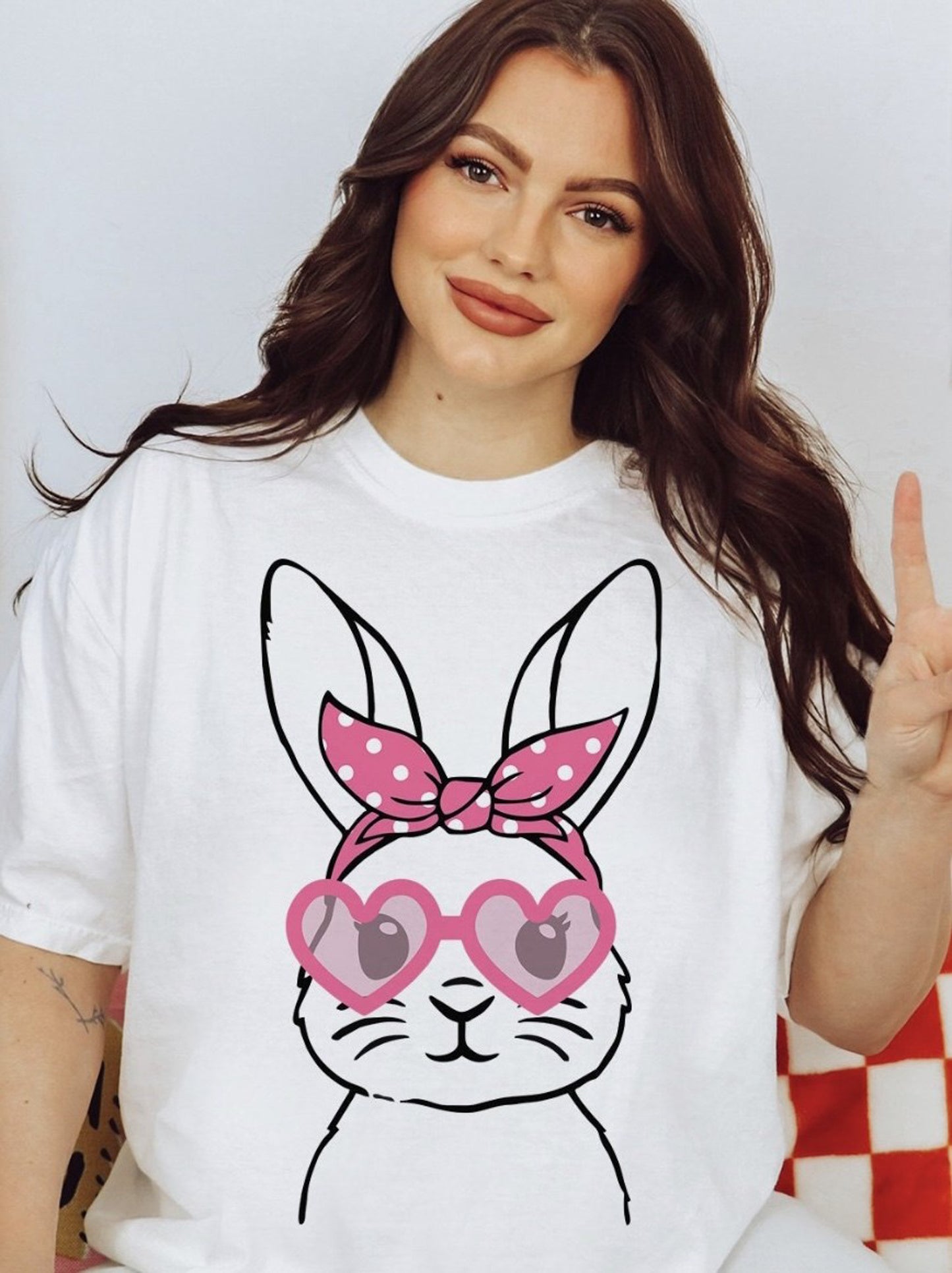 Bunny With Pink Heart Glasses & Polka Dot Bandana Tee