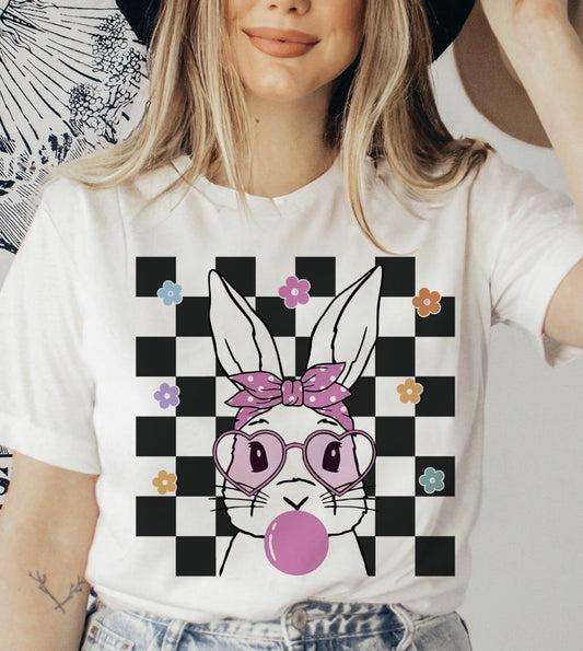 Bunny With Checkered Background & Flowers Tee
