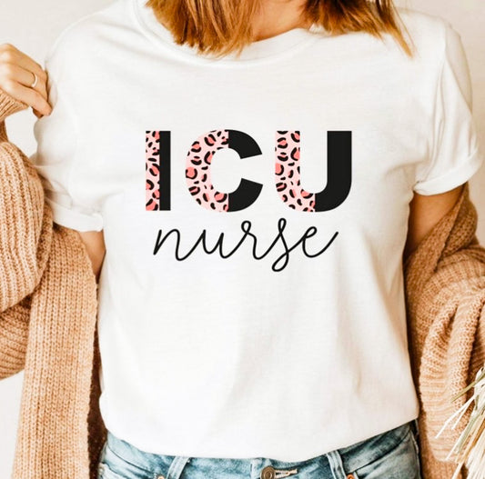 ICU Nurse With Pink Cheetah Print Tee