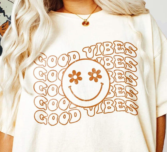 Good Vibes (Stacked) Smiley Face With Flower Eyes Tee