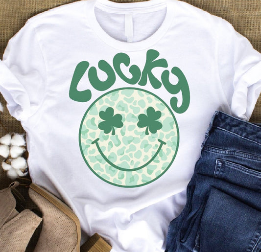 Lucky With Clover Eyed Smiley Face Tee
