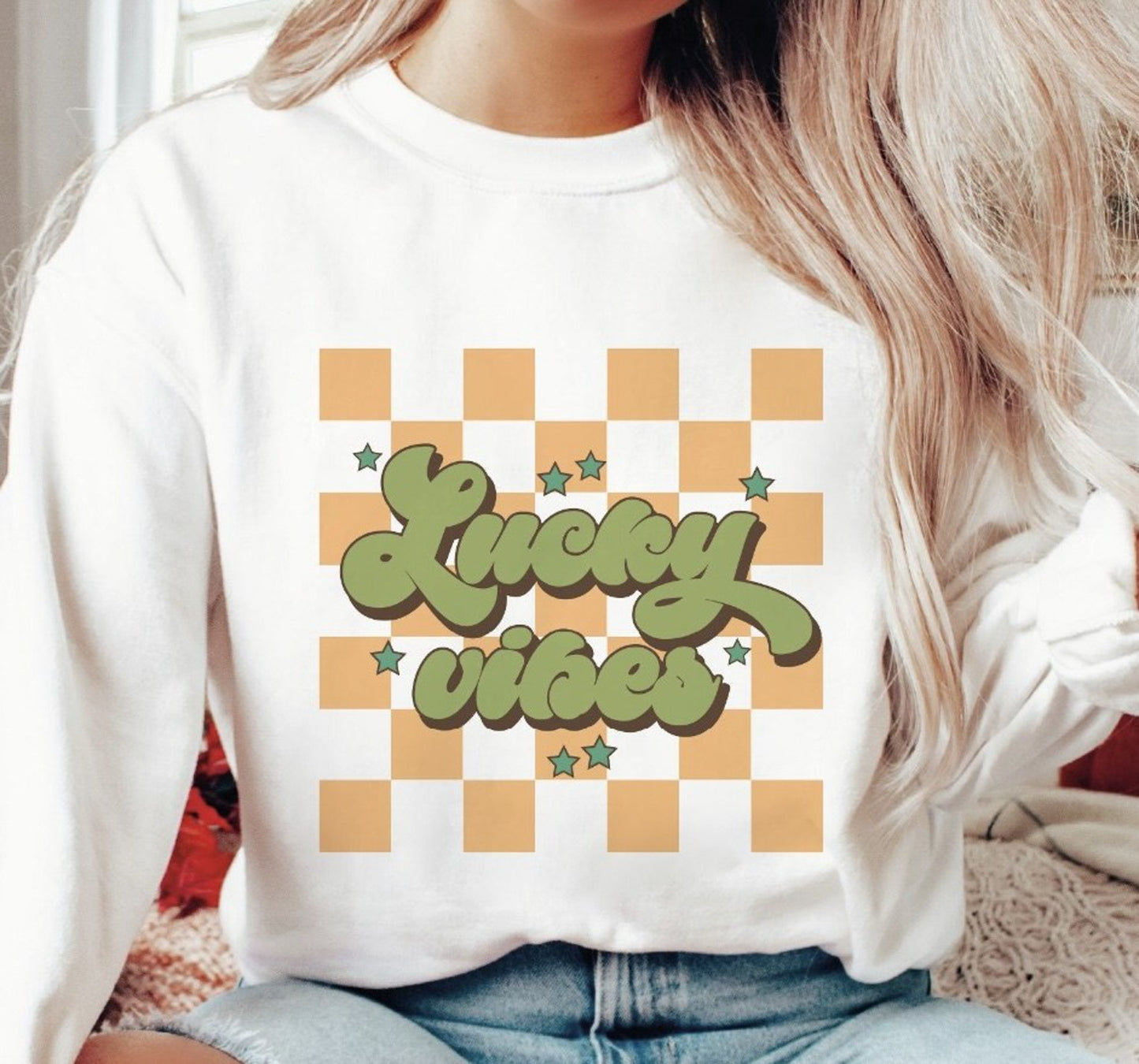 Lucky Vibes With Checkered Background Crew Sweatshirt