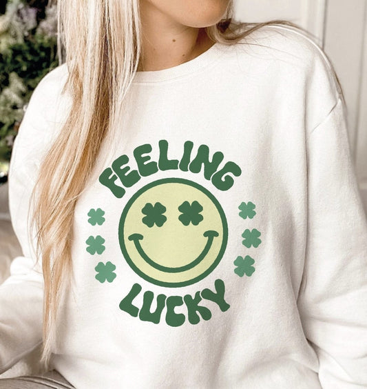 Feeling Lucky Clover Eyed Smiley Face Crew Sweatshirt