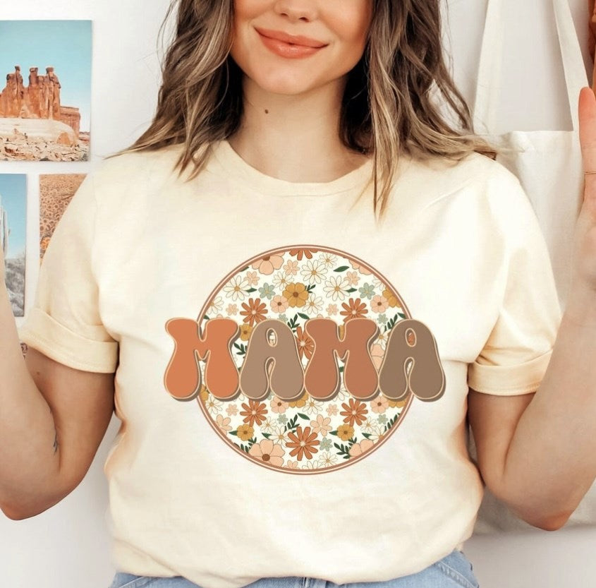 Retro Mama With Flower Circle T-Shirt or Crew Sweatshirt