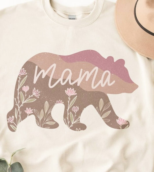 Mama Bear With Flowers T-Shirt or Crew Sweatshirt