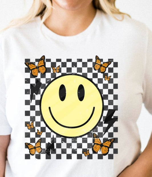 Smiley Face With Checkered Background & Butterflies Tee