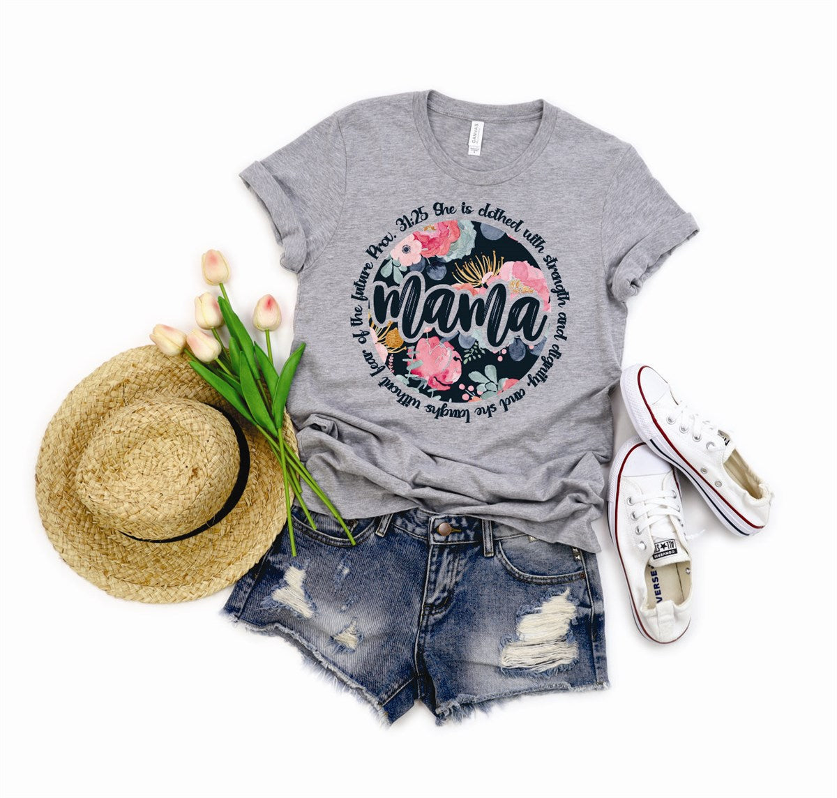 Mama In Floral Circle Prov. 31:25 T-Shirt or Crew Sweatshirt