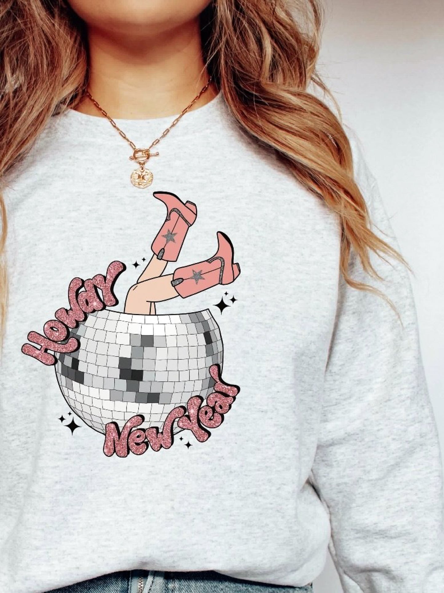 Howdy New Year Cowgirl In Disco Ball Crew Sweatshirt