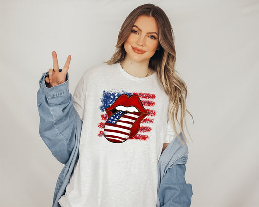 Red Lips With USA Flag Tongue Tee