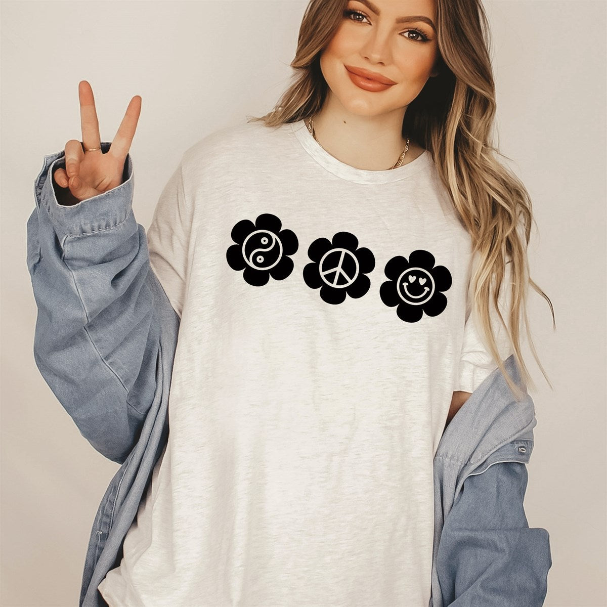 Three Flowers With Yin-Yang, Peace Sign, & Smiley Face Tee