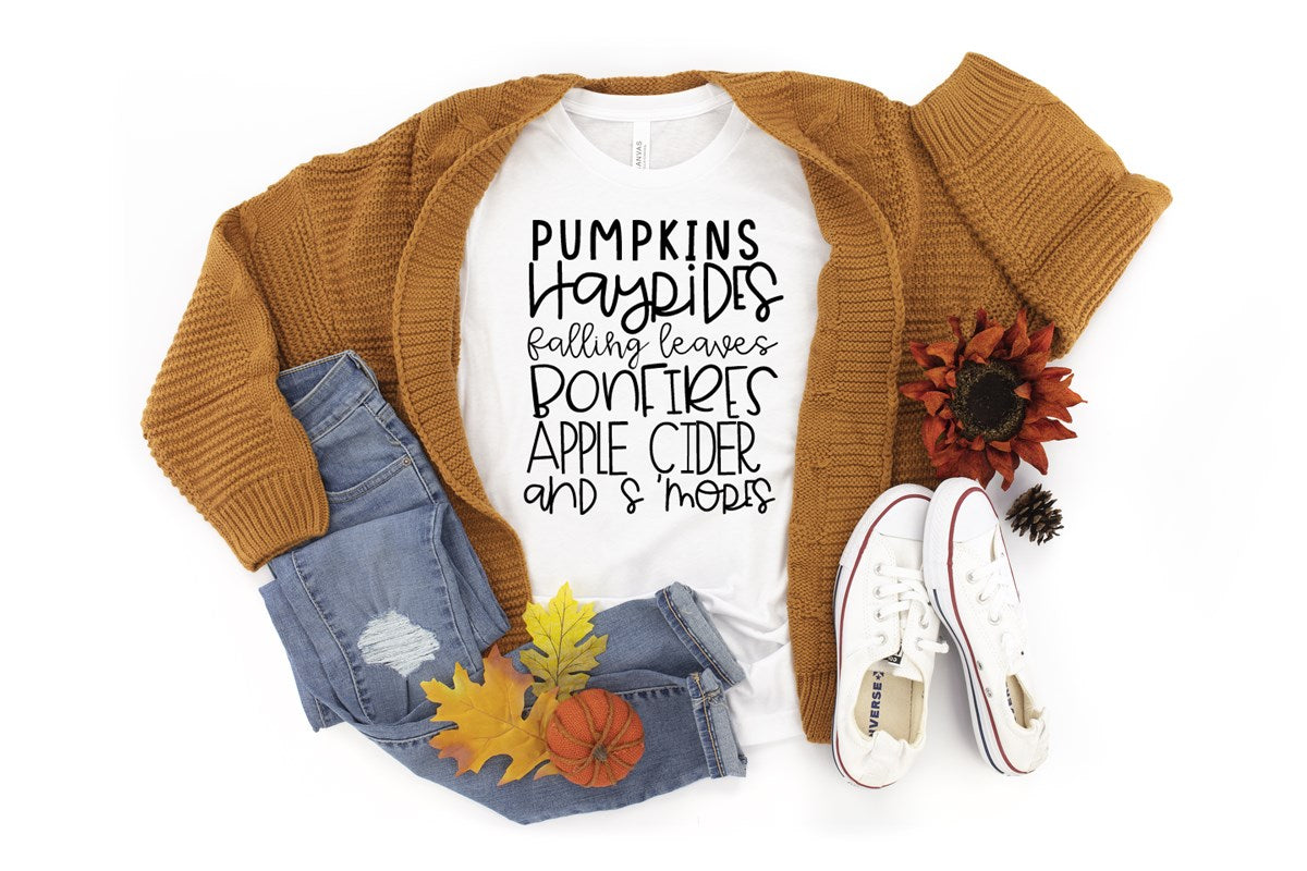 Pumpkins Hayrides Falling Leaves Bonfires Apple Cider And S'mores Tee