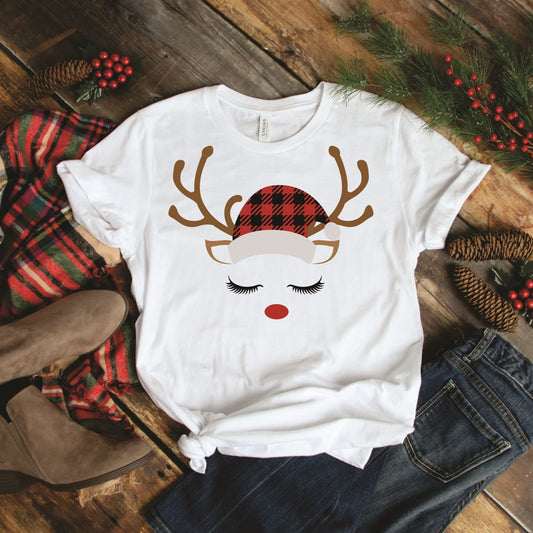 Reindeer With Buffalo Plaid Hat & Eye Lashes Tee