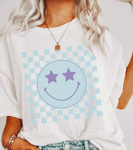 Star Eyed Smiley With Checkered Background Tee
