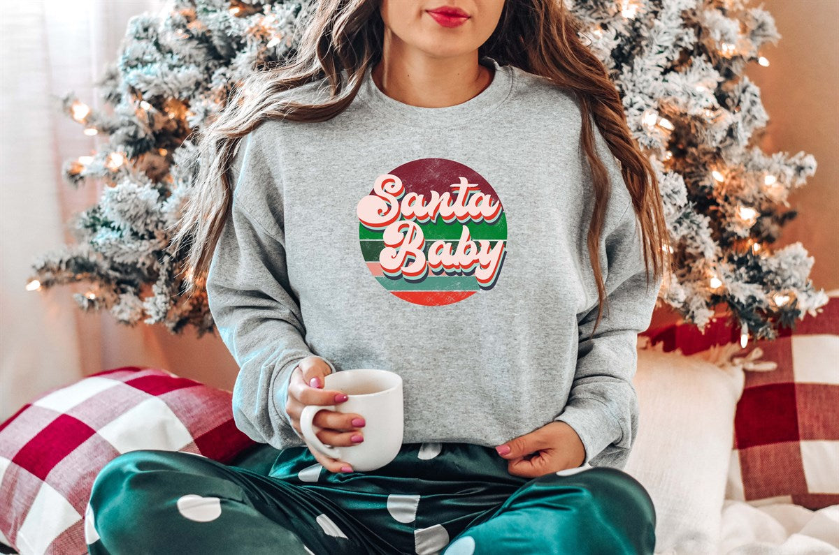 Retro Santa Baby In Striped Circle Crew Sweatshirt