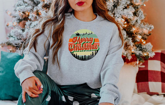 Merry Christmas In Circle With Santa Sleigh Crew Sweatshirt