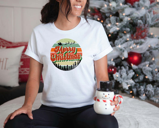 Merry Christmas In Circle With Santa Sleigh Tee