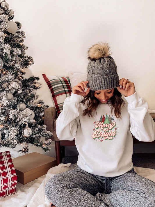 Merry And Bright With Christmas Trees Retro Crew Sweatshirt