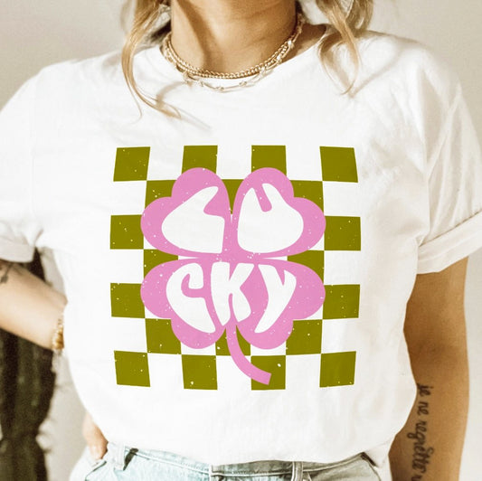 Lucky In Clover With Checkered Background Tee